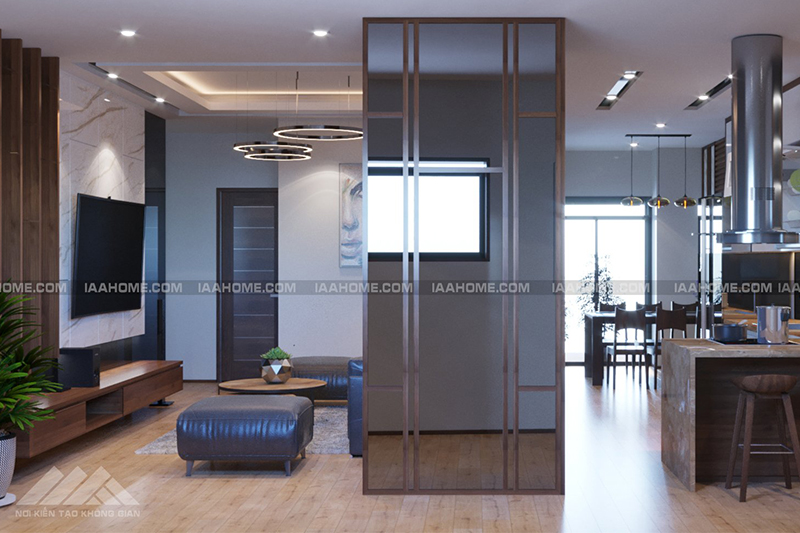 Không gian phòng khách bếp được đội ngũ của IAA khéo léo kết hợp giữa các chi tiết gỗ với gam màu trầm