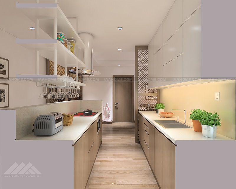 Khu vực bếp được thiết kế dưới dạng đảo bếp và để tiết kiệm không gian
