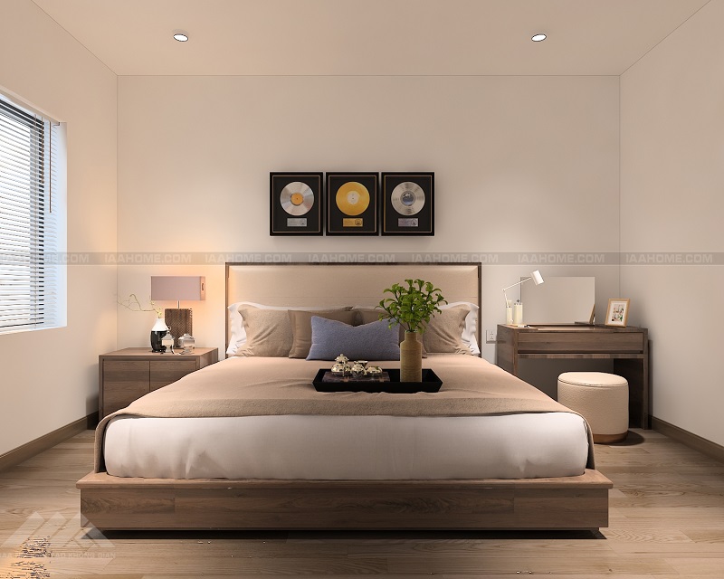 Không gian phòng ngủ rất tối giản, hiện đại tạo nên sự sang trọng, tinh tế rất đặc trưng.