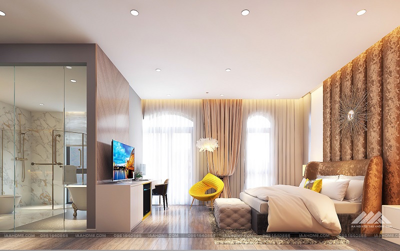 phòng ngủ cho khách được thiết kế với tone màu nâu vàng sang trọng.