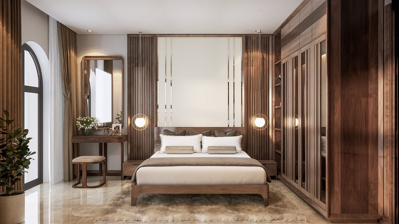 Phòng ngủ master vẫn là phong cách thiết kế hiện đại cao cấp với việc sử dụng gỗ tự nhiên óc chó.