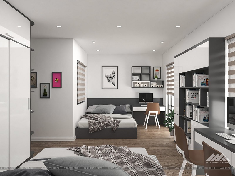 Phòng ngủ cho bé được thiết kế đối xứng với hai giường ngủ, hai bàn học.